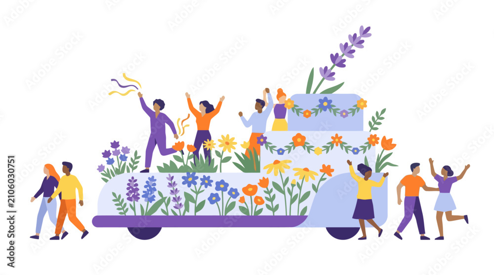 Fototapeta premium People celebrating on a floral parade float with flowers and decorations. EPS Editable. Vector Illustrations.
