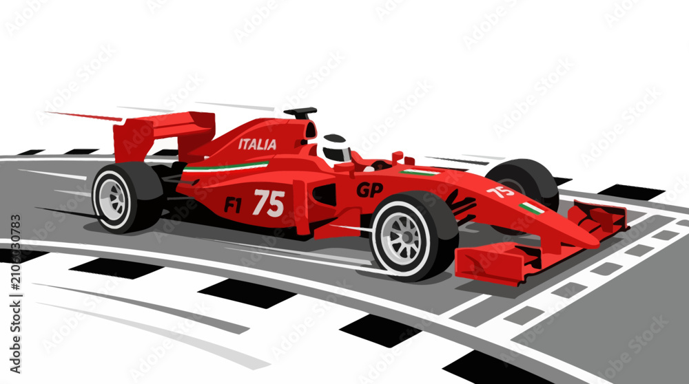 Obraz premium Red Formula One racing car speeding on a professional track circuit. EPS Editable. Vector Illustrations.