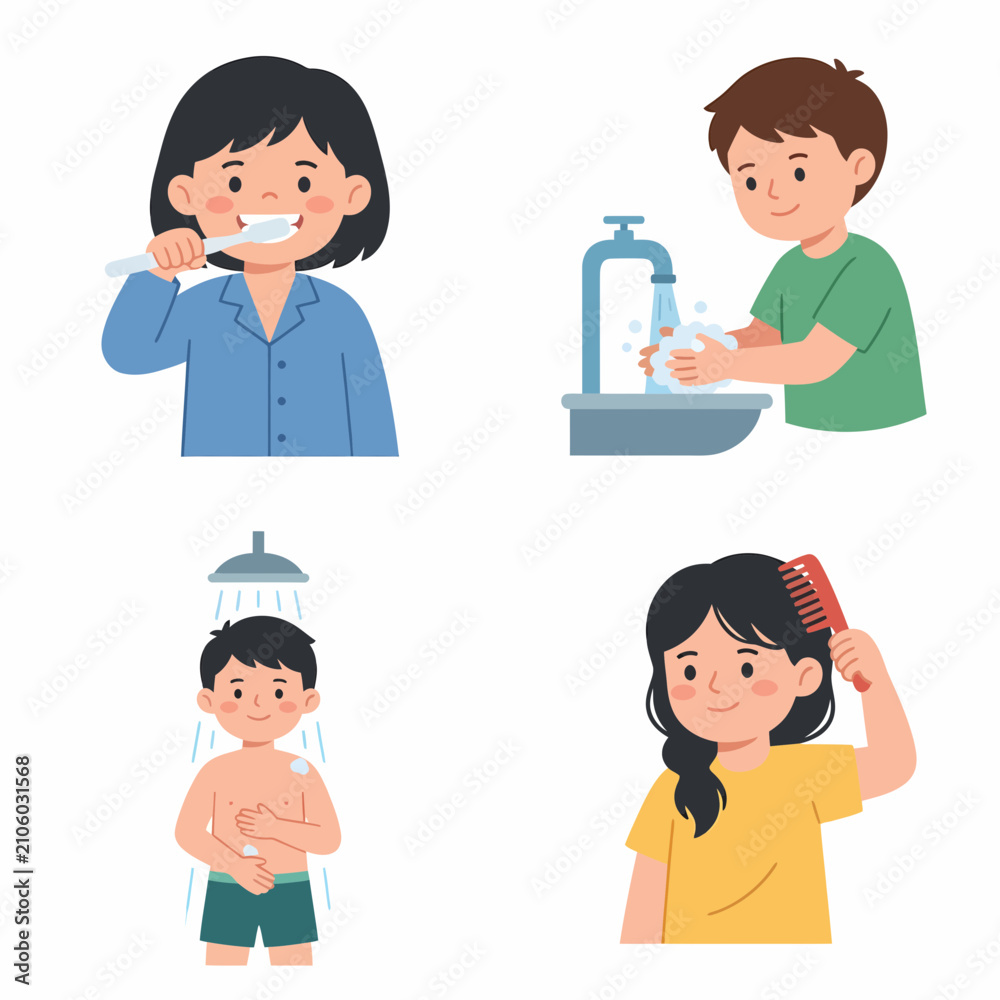 Fototapeta premium Children hygiene routine brushing teeth washing hands taking shower and combing hair illustrations