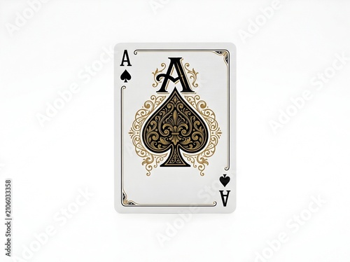 Ace of Spades Playing Card Featuring Intricate Gold Baroque Filigree and Fleur-de-Lis Pattern, Isolated on Clean White Studio Background
