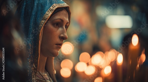Serene woman in traditional attire illuminated by candlelight with a contemplative expression