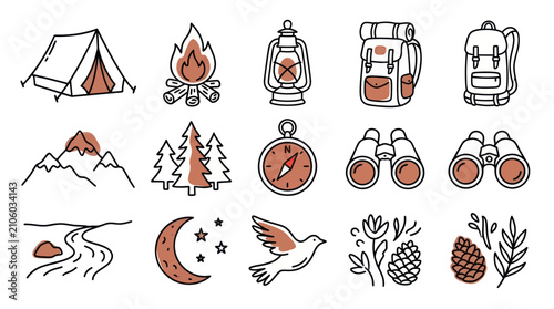 Hand-drawn camping and outdoor adventure icons set with tent campfire mountains and forest elements.