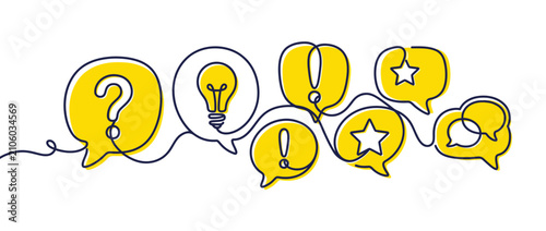 Continuous line drawing of speech bubbles with icons