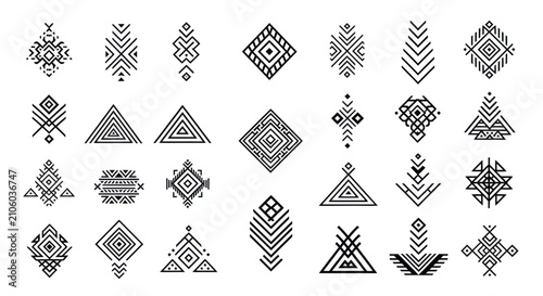 Collection of tribal ethnic geometric patterns and symbols.