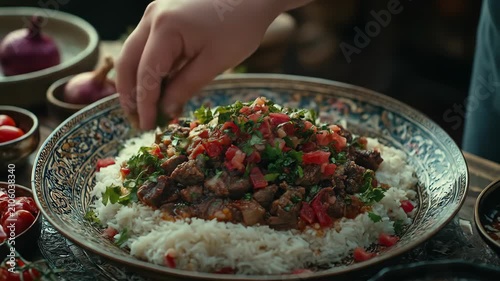 Chef Garnishing a Traditional Middle Eastern Pilaf with Fresh Herbs.