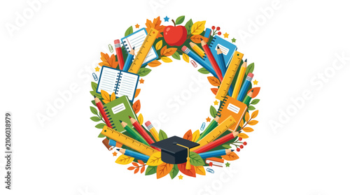 Back to school wreath with stationery supplies and graduation cap. EPS Editable. Vector Illustrations.