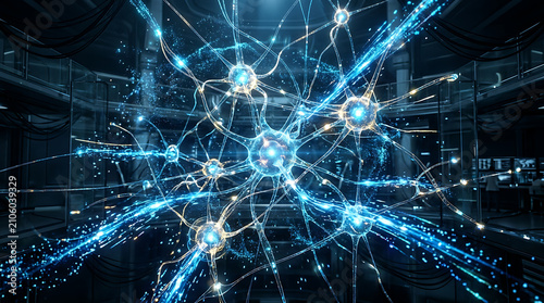 Neural network with glowing blue synapses firing in a technological environment representing brain activity