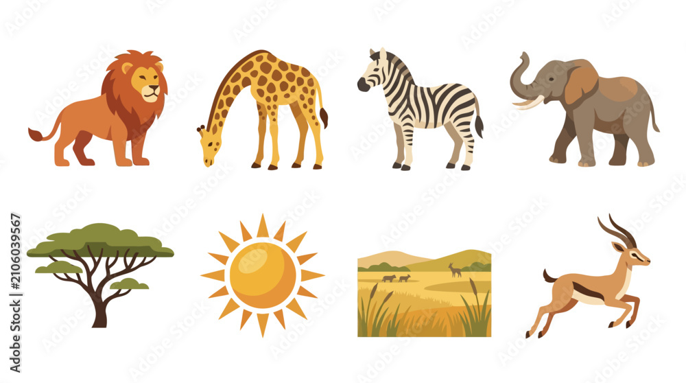 Obraz premium African Safari Animals Vector Set Featuring Lion, Giraffe, Zebra, Elephant, Gazelle, Acacia Tree, Sun, Savanna Landscape, And Grasslands Scenery