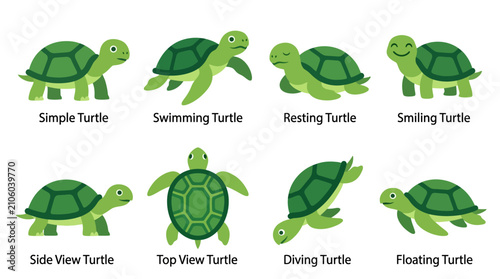 Vector Set of Cartoon Turtle Illustrations Showing Different Poses and Emotions, Ideal for Educational and Entertainment Content