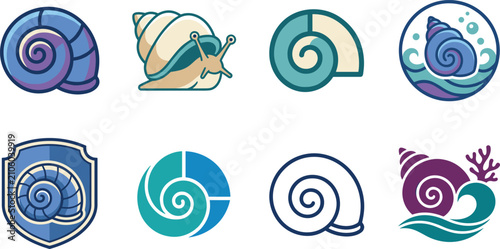 Foto Sea Snail and Nautilus Shell Logo Template Set Featuring Cute Garden Snail Waves