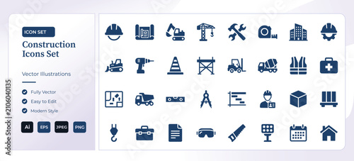 Construction tools and equipment vector icons set