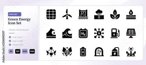 Green energy renewable power generation glyph icons