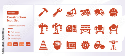 Construction icon set presenting building tools and equipment