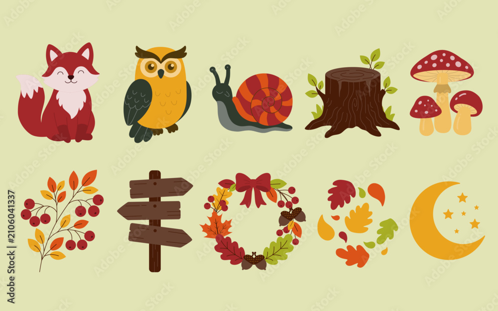 Obraz premium Cute Autumn Woodland Clipart Collection with Forest Animals, Fall Leaves and Seasonal Nature Elements
