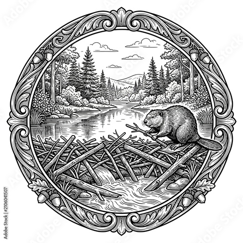 Fotografie Beaver diligently building a dam with logs and branches.
