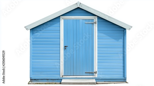 Blue garden shed with a door isolated on white background, outdoor storage concept