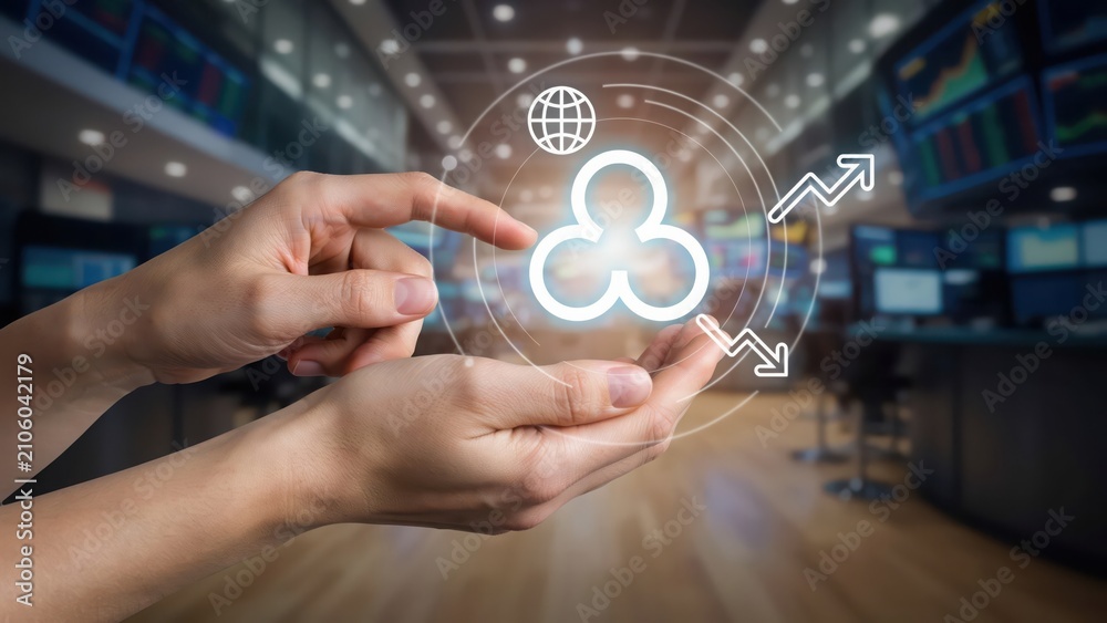 Fototapeta premium Person holding digital cryptocurrency symbol with glowing tech interface background