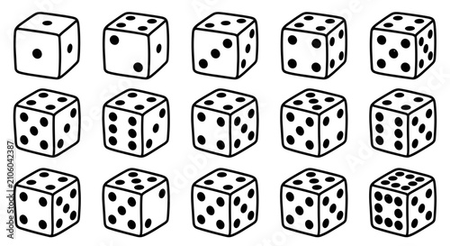 Collection of fifteen dice showing various numbers in a hand-drawn style.