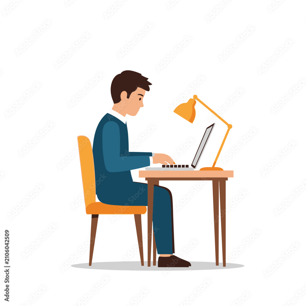 Fototapeta premium Man Working on Laptop at Desk with Lamp.