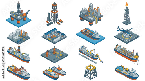 Collection of Isometric Offshore Oil and Gas Industry Illustrations.