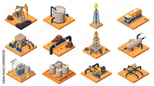 Collection of Isometric Oil and Gas Industry Icons.