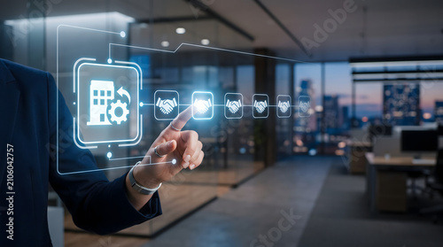 Vendor manager selecting suppliers on a holographic partnership and procurement dashboard