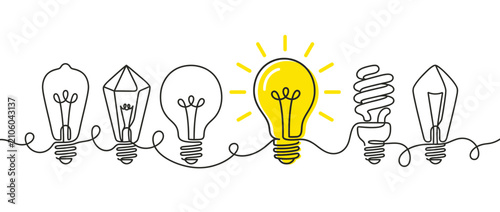 Quadro su tela Diverse Light Bulbs Connected by Wire, One Glowing Brightly