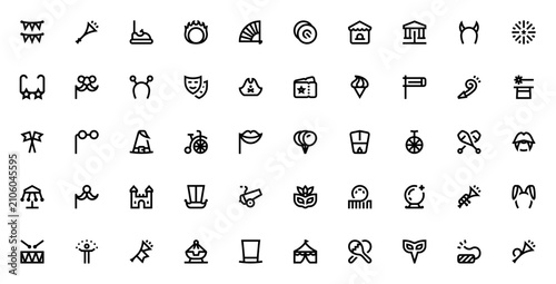 Carnival icon set. Festive vector icons pack. Includes symbols for garlands, balloons, masks, fireworks, carousel, juggling, trumpets, drums, unicycle, and more. Editable vector stroke.