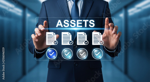 Digital asset management concept, businessman managing corporate assets, virtual document audit