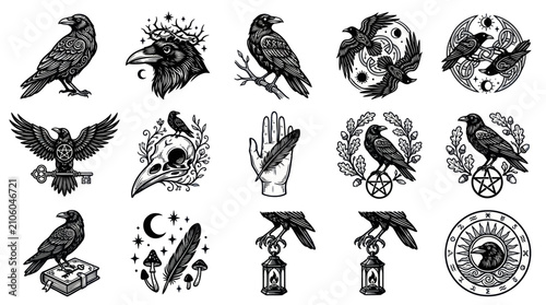 Fotografía Mystical Raven and Crow Illustrations with Esoteric Symbols and Occult Elements