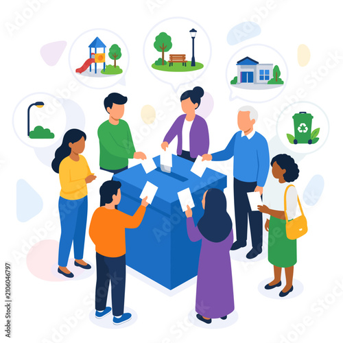 Decentralized Finance Ecosystem citizens participating in local community voting process for urban development projects.