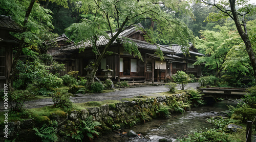 Traditional Wooden Japanese Architecture Nestled in a Lush Green Forest Garden with a Serene Flowing Stream and Mossy Stone Path