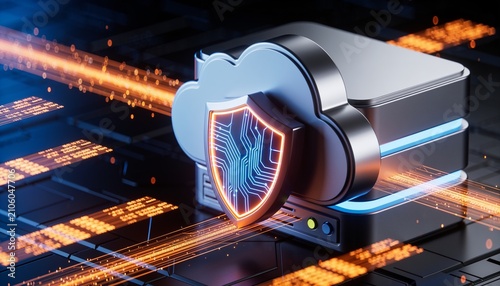 Ultra Realistic 3D Render of Secure Cloud Storage Protected by Glowing Shield, Floating Data Streams, Cyber Security, Cloud Computing, Data Protection and Futuristic Blue Orange Technology Background