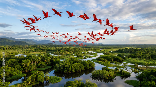 Scarlet ibis flock soaring across lush tropical wetland landscape under bright blue cloudy sky with wetlands winding waterways flying sweeping formation displays large flock formation over vast