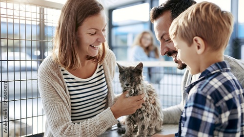 Happy family adopting a rescued kitten at an animal shelter for International Cat Day August 8th with parents and child meeting a pet