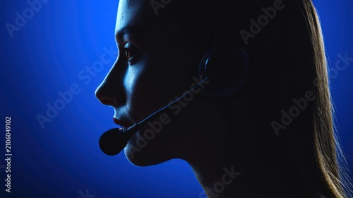 Woman silhouette wearing headset against blue backdrop
