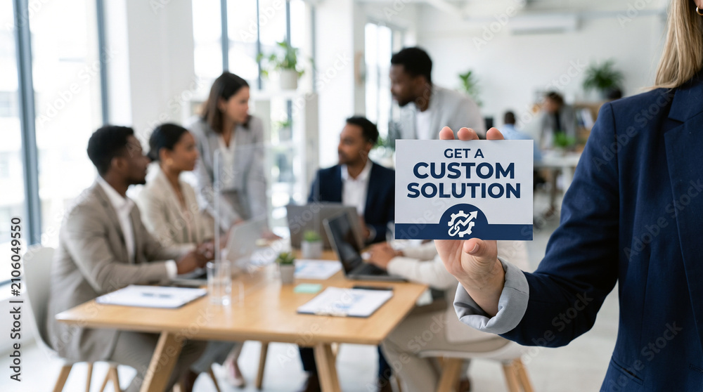 Fototapeta premium Business Team Presenting Custom Solution In Modern Office Meeting Room With Confident Professional Mood