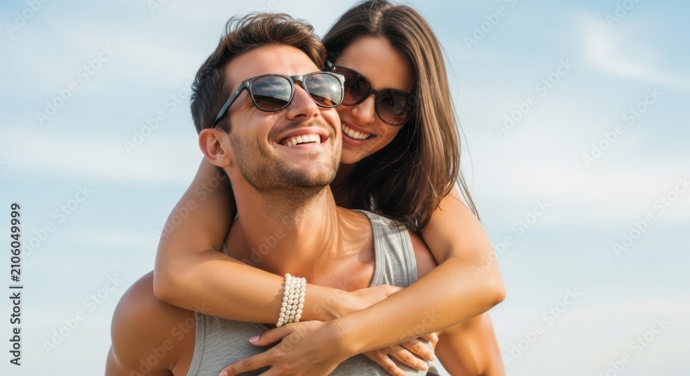 Fototapeta premium Happy couple in sunglasses embracing outdoors