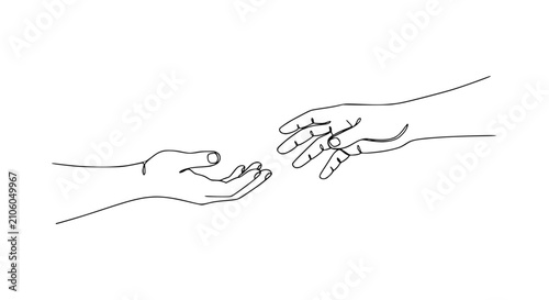 Konstfotografi Minimalist line art hands reaching for connection, help, support, unity, hope