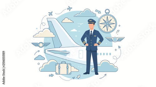 Cuadro en lienzo Pilot with Aircraft and Flight Elements Illustration