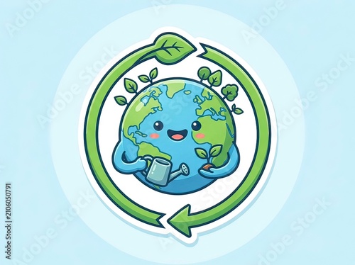 Happy Earth Recycling Icon Illustration, Cute Green Environmental Sustainability Design