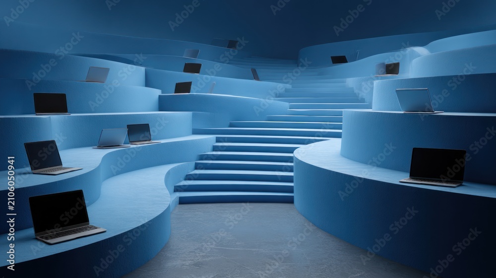 Fototapeta premium Modern tiered amphitheater with laptops abstract blue interior copy space