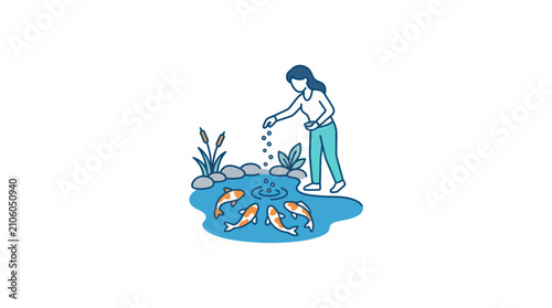 Konstfotografi Woman Feeding Colorful Koi Fish.