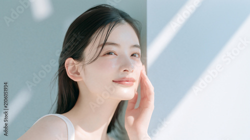 透明感とツヤのある美しい白い肌の女性。 美容、スキンケア、素材