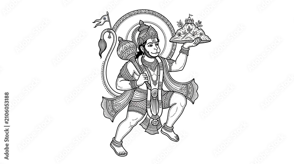 Fototapeta premium Mythological Monkey Deity Holding Mountain Peak