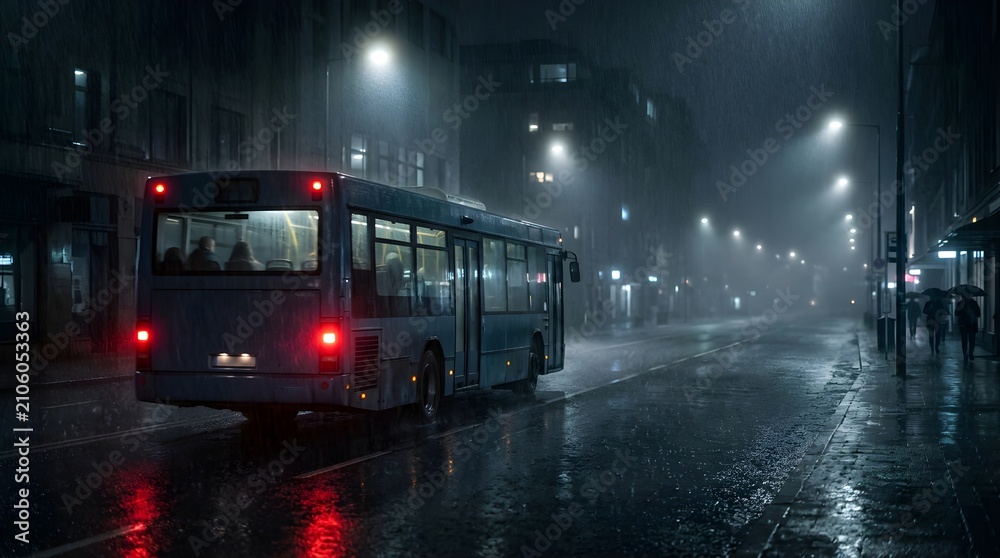Fototapeta premium Public bus driving on a dark rainy city street at night with lights