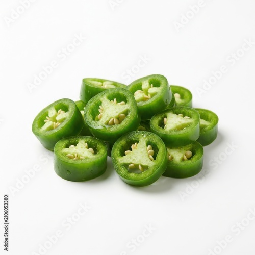 Fresh Sliced Green Jalapeno Pepper Rings Isolated on White Background with Copy Space, Flexible Layout, and Minimalist Food Vibe for Culinary Design