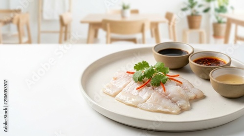 Steamed White Fish Fillets with Dipping Sauces for Healthy Restaurant Website Banner Hero Header Wide Background with Copy Space Design Space