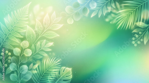 Glowing Green Abstract Nature Background with Translucent Foliage and Tropical Leaves