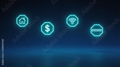 Neon icons on dark background
